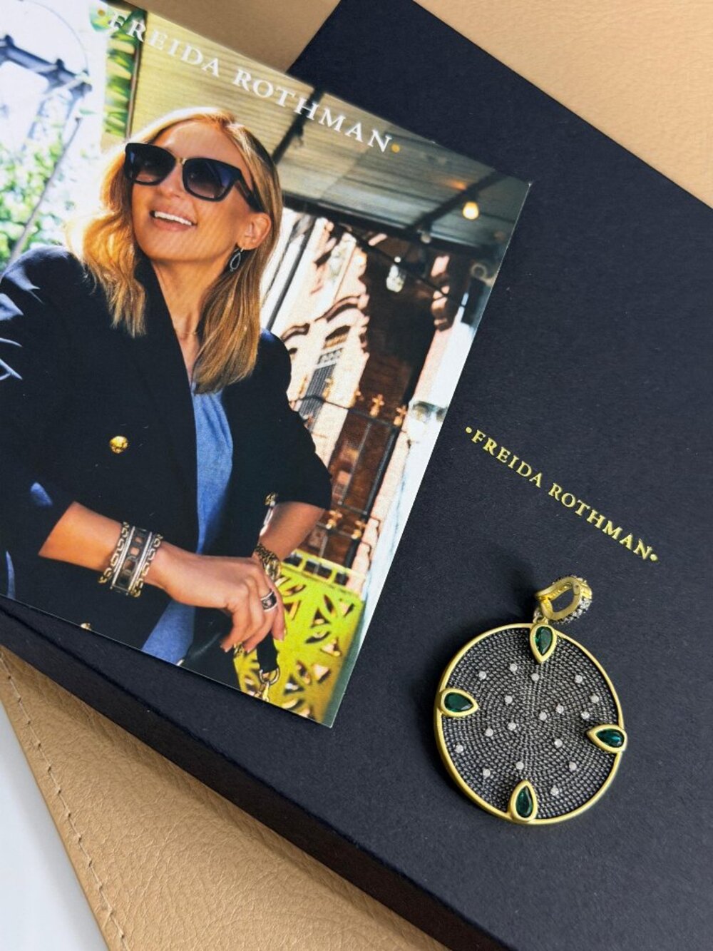FREIDA ROTHMAN ENHANCER PENDANT - Midnight Collection Black and Gold with Green